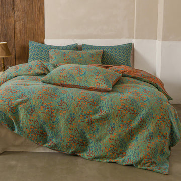 Muslin Duvet Cover Set Queen Size, 100% Washed Cotton 3 Pieces Yarn-Dyed Vintage Green Red Floral Jacquard Textured