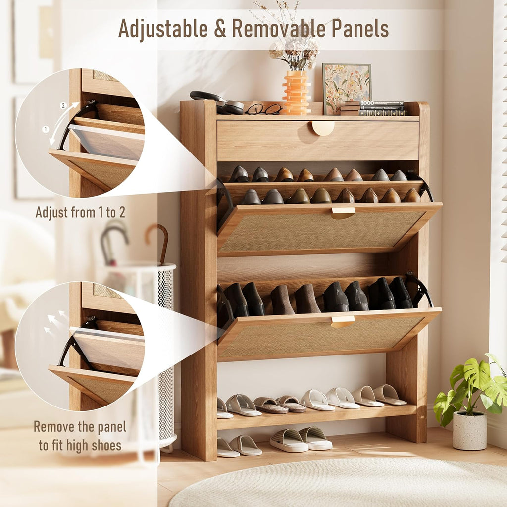Rattan Shoe Storage Cabinet, Shoe Organizer with 2 Flip Drawers, Narrow Shoe Cabinet, Free Standing Hidden Shoe