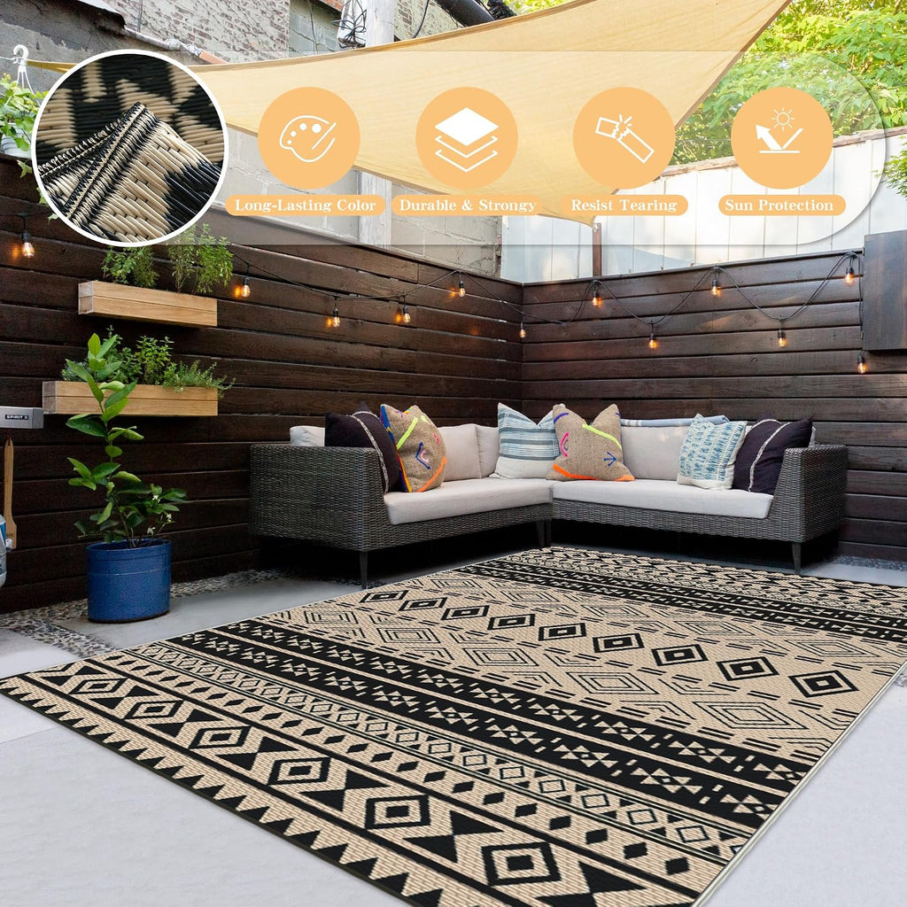 Outdoor Rug 8x10 ft, Boho Black & Beige