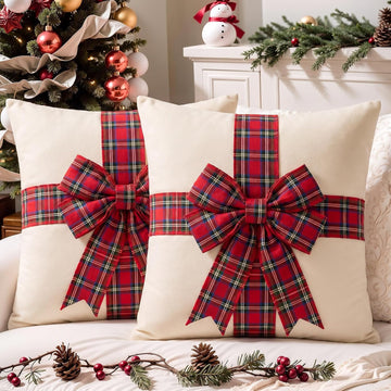 Christmas Pillow Covers with 3D Red Plaid Bow - Set of 2