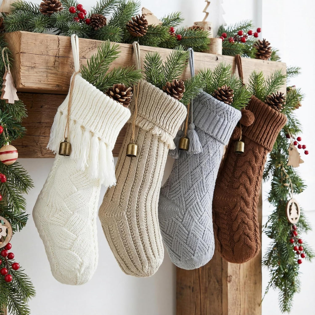 18'' Boho Brown with Bells Cable knitted Large Neutral Farmhouse Vintage Xmas Hanging Decorations - Set of 4