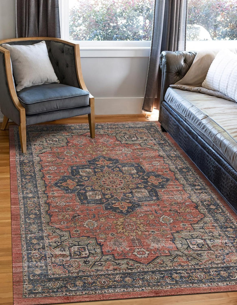 Chenille Jute Rug - 5' Antique Red Area Rug - Handmade Vintage Medallion s and Bedrooms