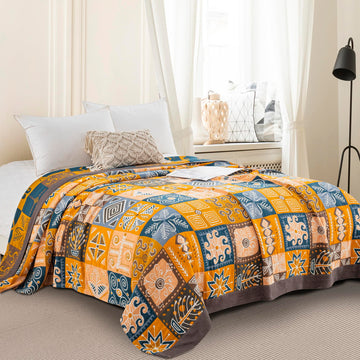 100% Muslin Cotton Throw Blanket for Bed Couch Chair, Bohemian Tribal Patchwork Retro Quilt Ultra Soft Reversible