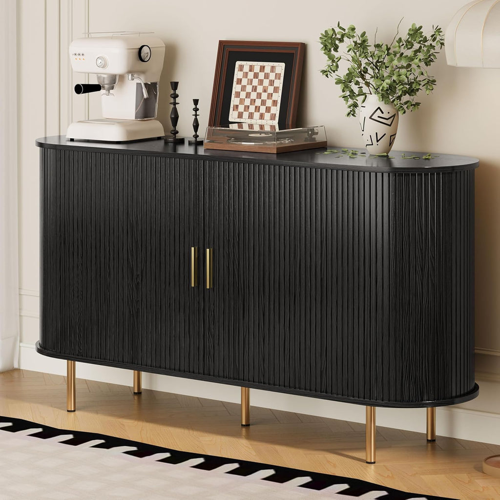 Sideboard Buffet Cabinet with Storage,Mid Century Modern Fluted Accent Coffee Bar Console Table,Tambour Sliding Doors&