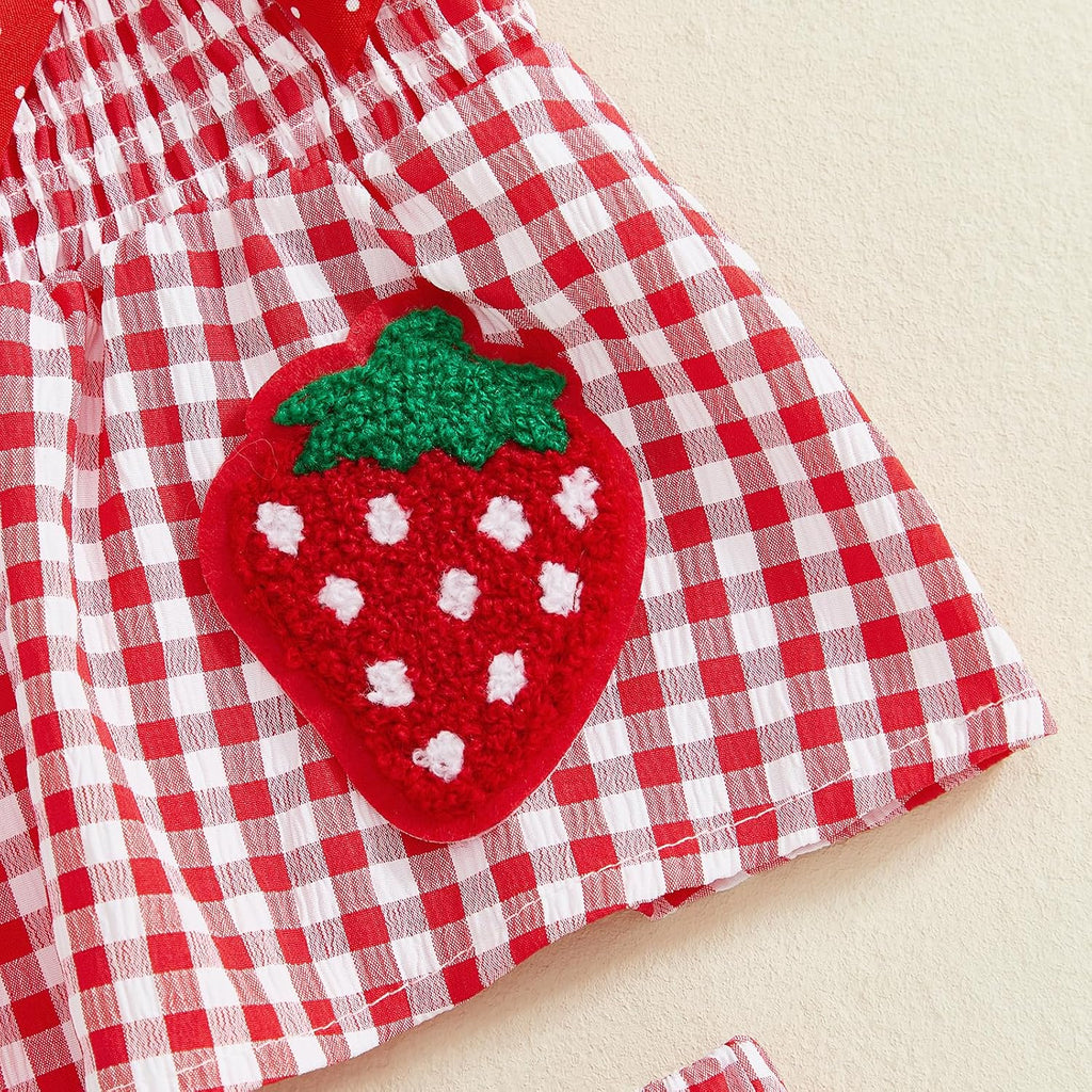 Toddler Baby Girl Outfits Summer Ruffle Shirt Tops Dress Plaid Shorts Cute Strawberry Embroidered Clothes Set