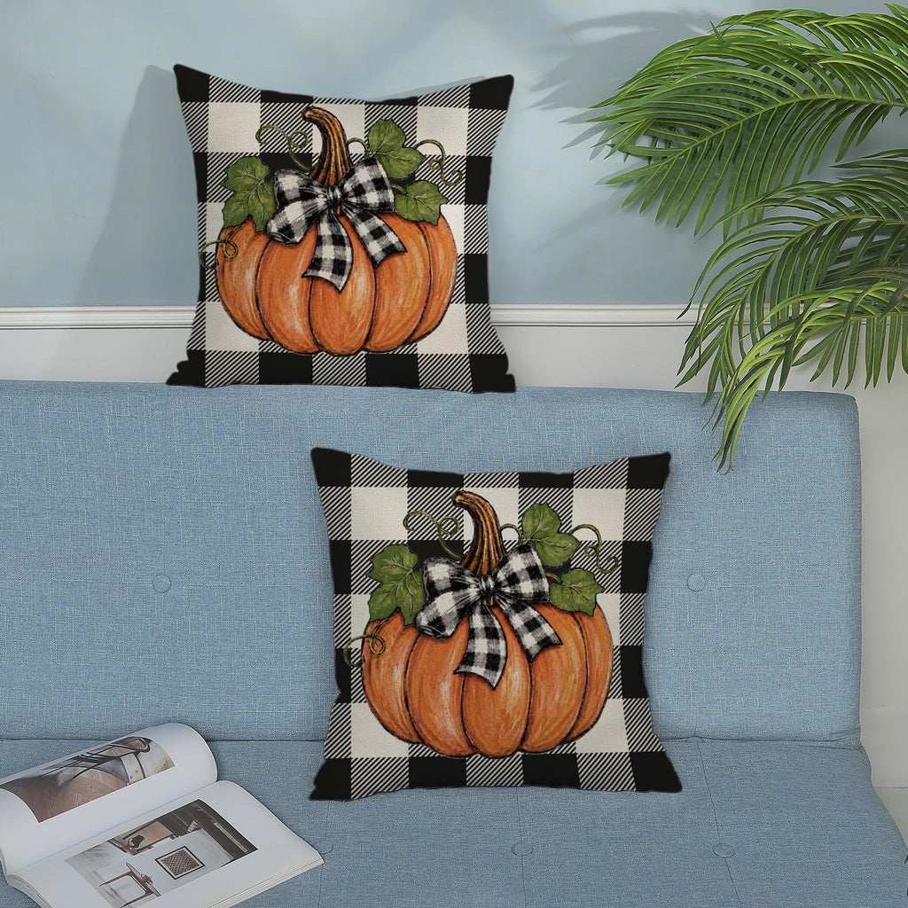 Fall Orange Pumpkin Buffalo Plaid Pillow Covers 20x20 Set of 2