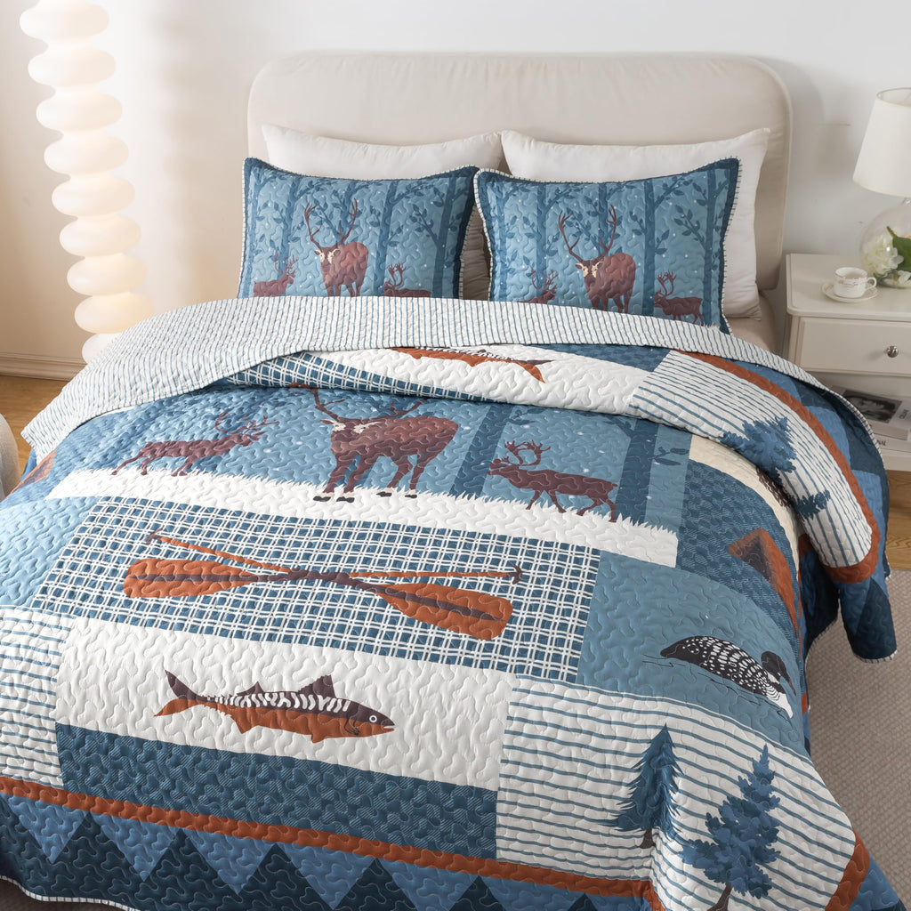 Wildlife Fish Quilt Set, Cabin Bedding, with 2 Shams