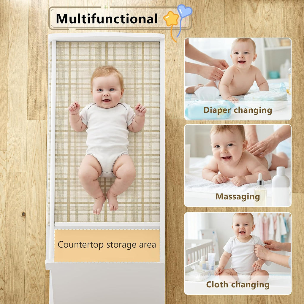 Baby Changing Table Top, Multi-Functional Nursery Changing Table, 4 Drawers with 2 Open Shelves, Bedroom, White