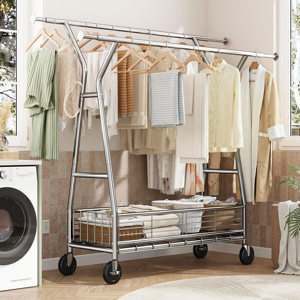630LBS Rolling Clothes Rack, Extendable 42-65" W Clothing Rack