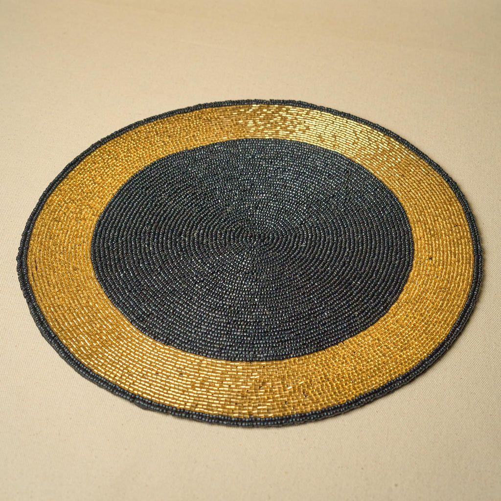 Black & Gold Beaded Placemat - 14" Space Tablemat Handmade Luxury Table Charger, Non-Slip Heat Resistant Dining &