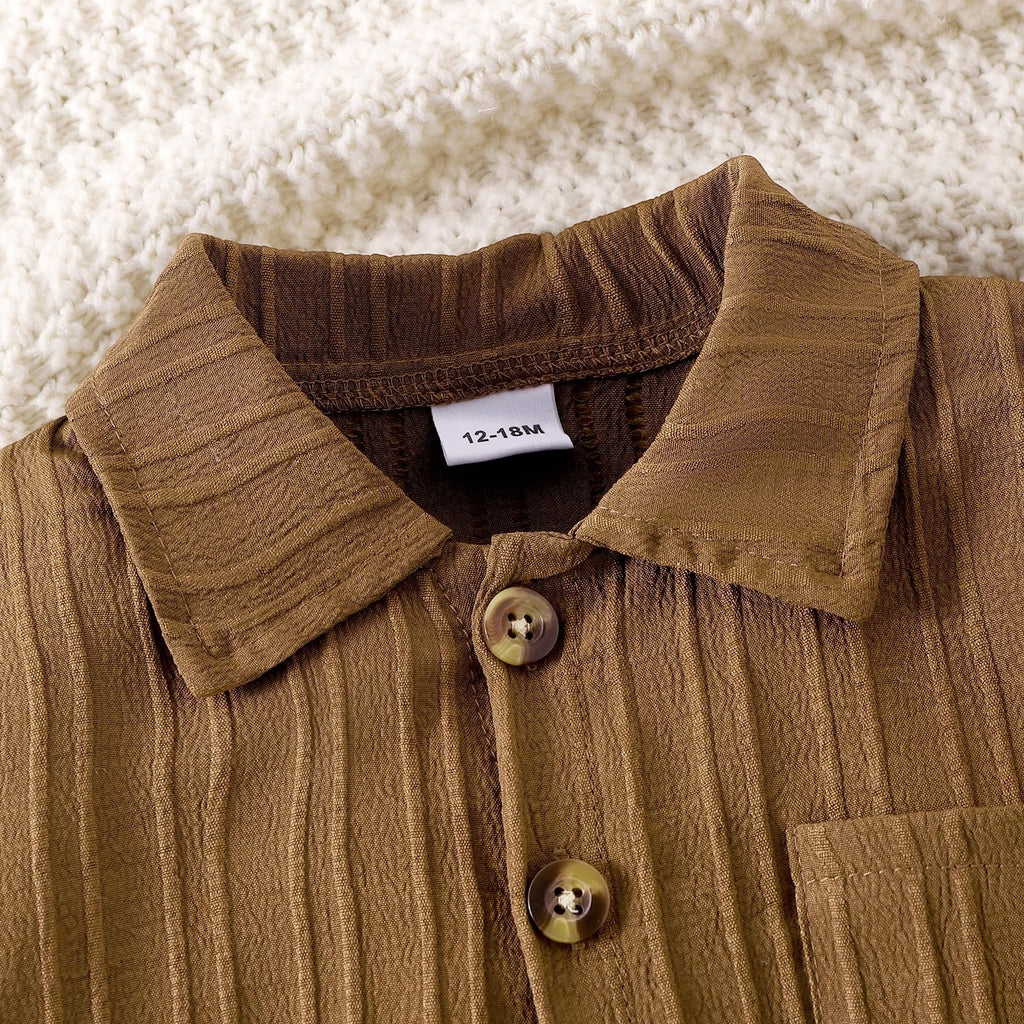 Toddler Boy Clothes Ribbed Button Shirt + Shorts 2pcs L-Brown