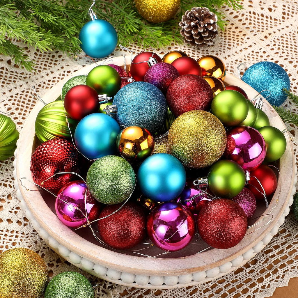 Neon Christmas Ball Ornaments Shiny Bright Multicolor Baubles - Set of 64