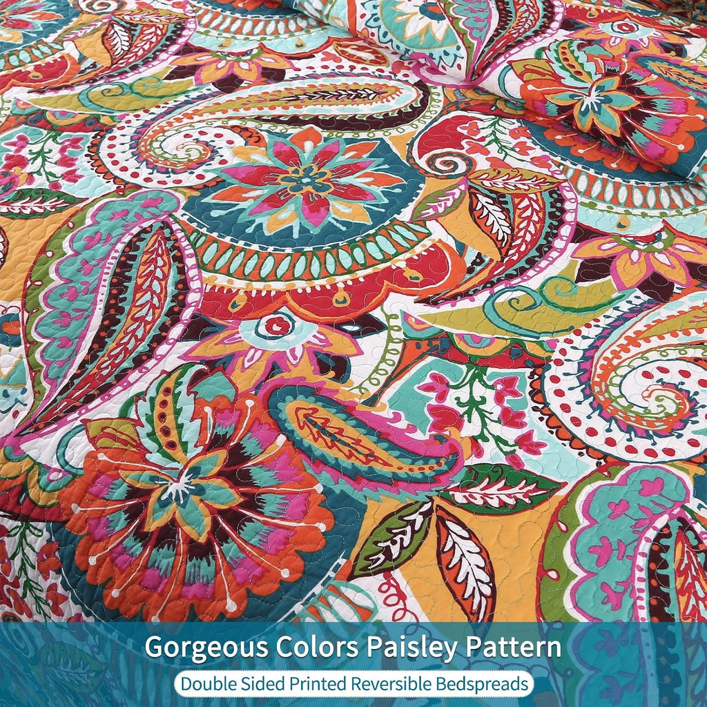 King Quilt Bedding Set, 100% Cotton Boho Bedspread, Vibrant Colorful Gorgeous Paisley Print Coverlet for Living