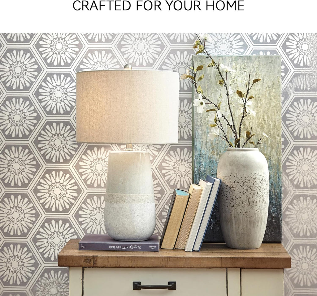 Signature Design by Ashley Shavon Contemporary 27" Textured Neutral Glaze Table Lamp, Beige & White