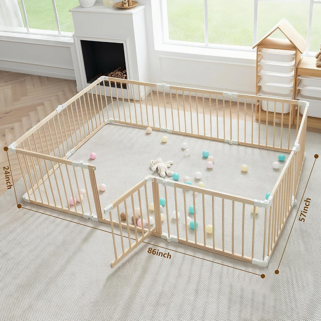 Wooden Baby Playpen Foldable Play Yard with Gate 86"x58" Natural Wood | Foldable wooden playpen, dual-lock gate