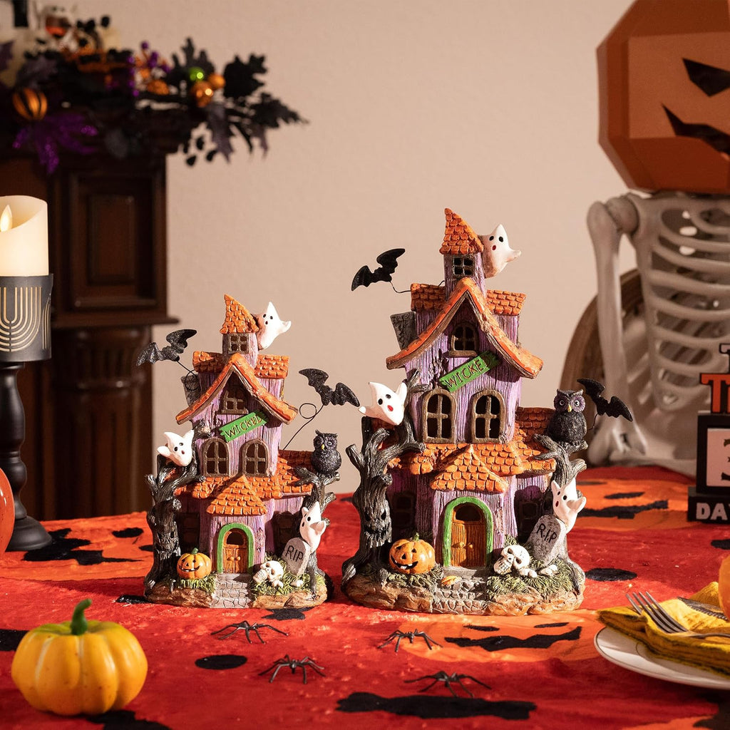 Halloween Decorations, Lighted Halloween Village Houses with LED Lights, Resin Spooky Town Happy Haunted House