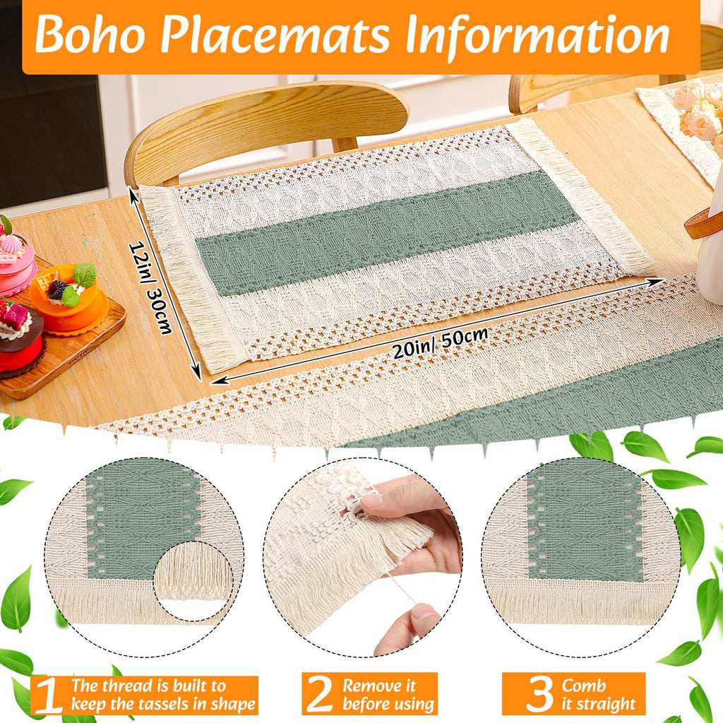 6 Sets Boho Table Runner and Woven Round Placemats Set, Green, 12x72