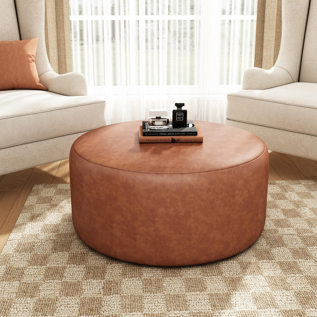 30.25" Modern Upholstered Round PU Leather Ottoman, Multifunctional Extra Seat, Side Table, Foot Rest, Stuffed Pouf