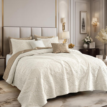Silky Satin Quilt Set 5 Pcs Cooling Luxury Bedspreads Summer Bedding Double Sided Embroidered Damask Paisley