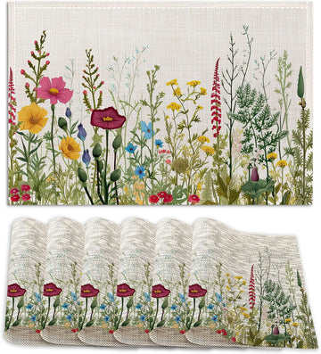Washable Herbs and Wild Flowers Placemats Non-Slip Heat-Resistant 12x18 Inch Thick Decorative Linen Table - Set of 6