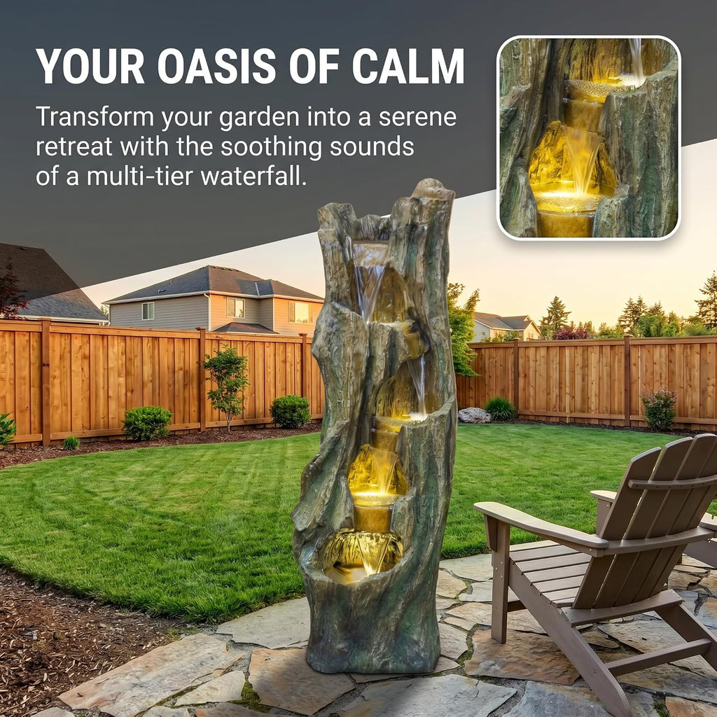 Rustic Tree Stump Fountain with LED Light, Resin Outdoor Garden Decor | Tall resin tree stump fountain with cascading