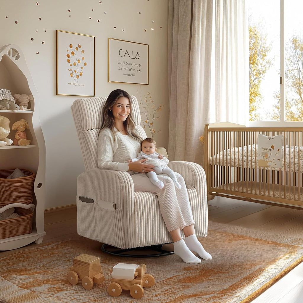 360° Swivel Nursery Rocking Chairs, Glider Rocker with Side Pockets, upholstered Rocking Chair Reading Chairs , Beige