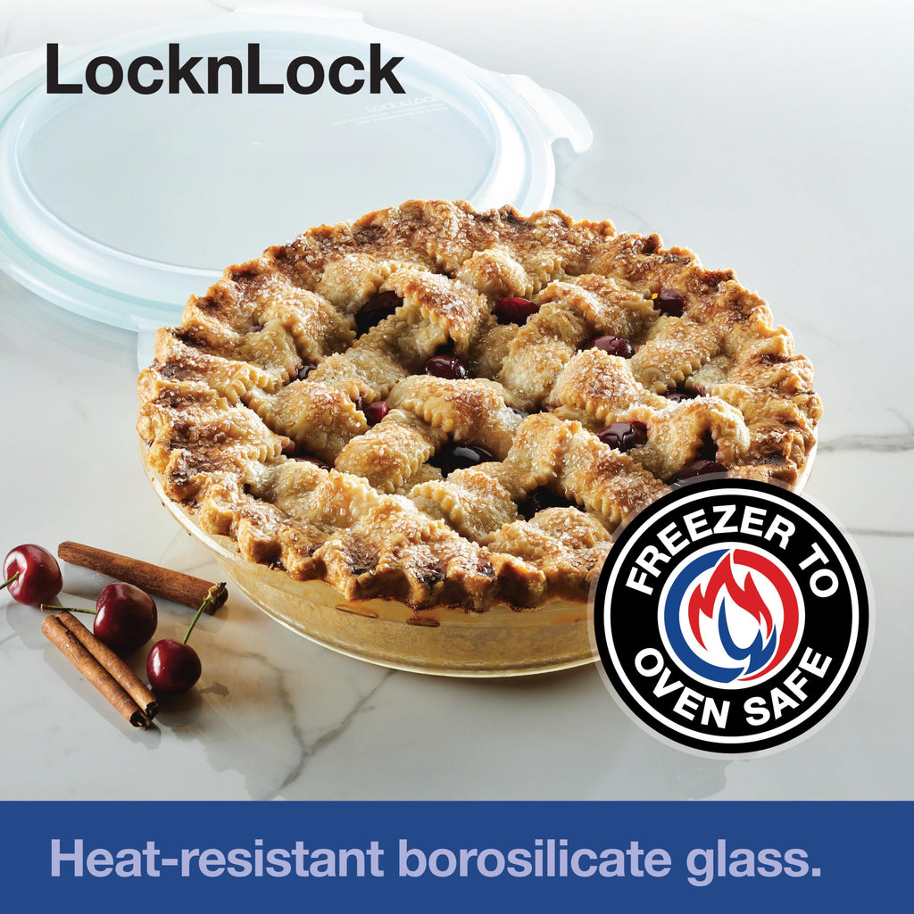 & LOCK Purely Better Glass Round Pie Baking Dish/Food Storage Container with Lid, 9.5 Inch, Clear