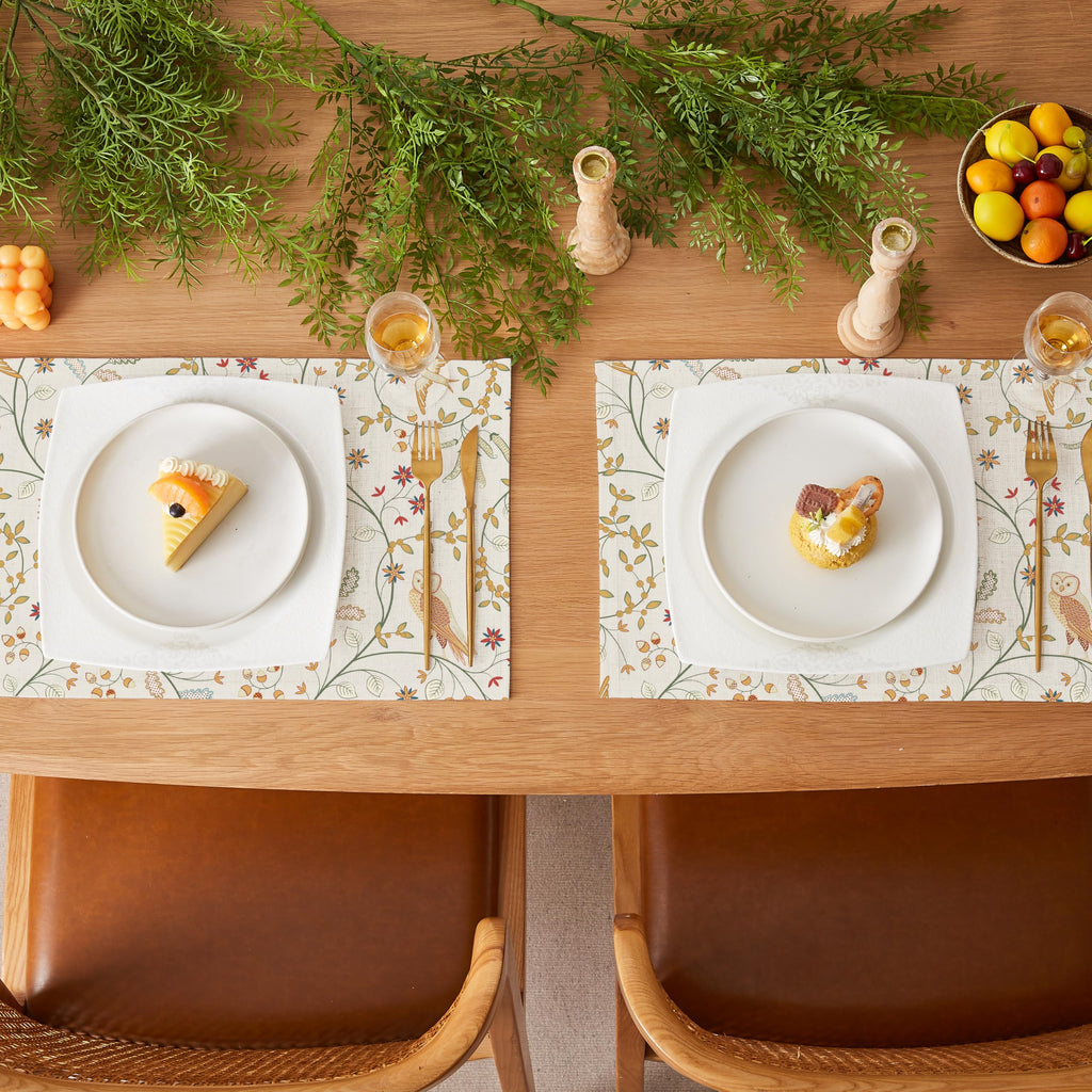 Boho Table Placemats Set of 6, 12"x18" Linen Place Mats, Forest Birds