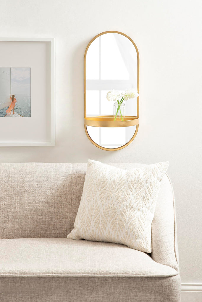 Estero Modern Metal Oval Mirror with Rounded Shelf; 11 x 25; Gold; Decorative Modern Glam Capsule Shelf Mirror