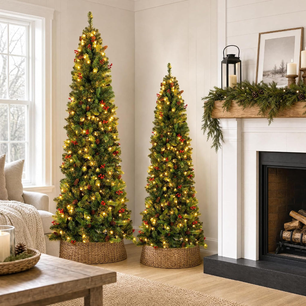 Pre-Lit Spruce Pencil Christmas Tree Pre-Decorated w/Twinkling LED Lights Holiday Decoration w/ 250 Lights, 618
