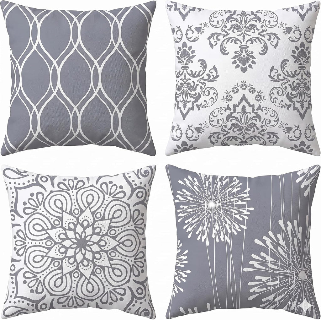 Decorative Throw Pillow Covers 18x18 Set of 4, Grey and White Modern Simple Square Pillow Case Cushion Cover, 18" x18")