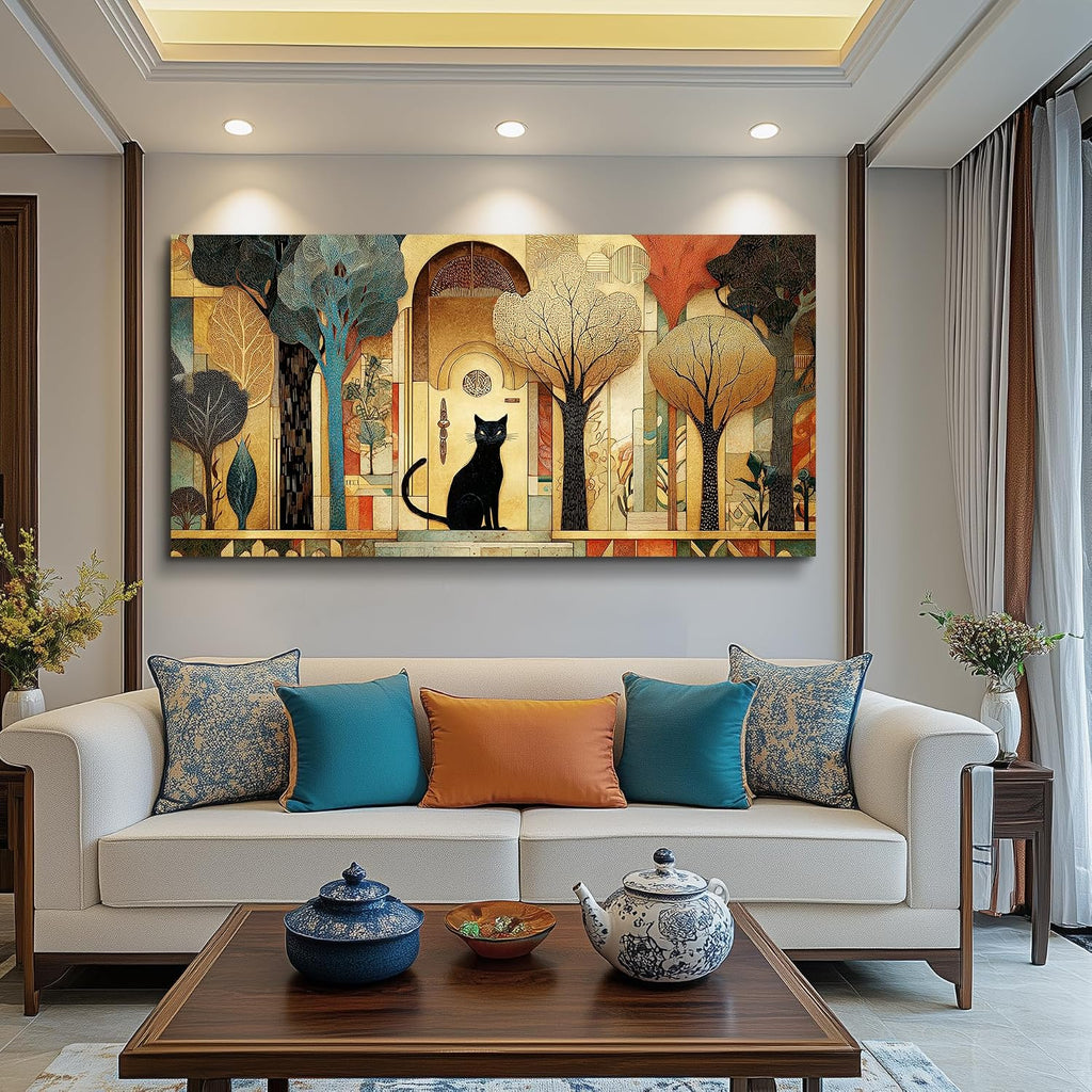 Canvas Wall Art Cat Abstract Cottage Pictures Large Vintage Nature Wall Decor Modern Farmhouse Artwork Gold Trees