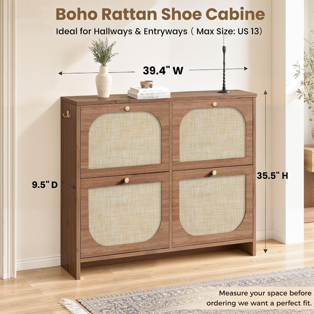 Rattan Shoe Cabinet with 4 Flip Drawers, 9.5" Narrow Shoe Rack, Boho Slim Shoe Storage Organizer with Adjustable