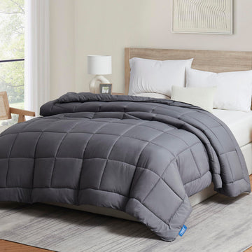 Quilted Down Alternative Comforter - Queen Size, All Season, Grey with Corner Tabs