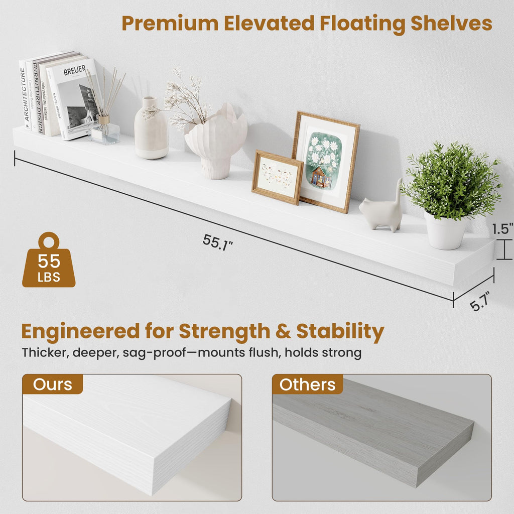 55 Inch Floating Shelves Bedroom, Large Extra Floating Shelf Set of 2 with Invisible Brackets, White