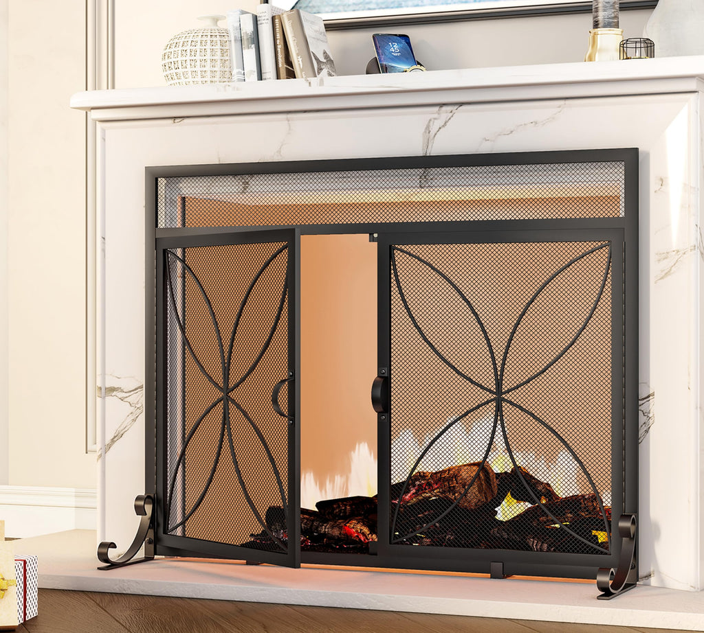 Magnetic Double Door Black Wrought Iron Fireplace Screen Guard