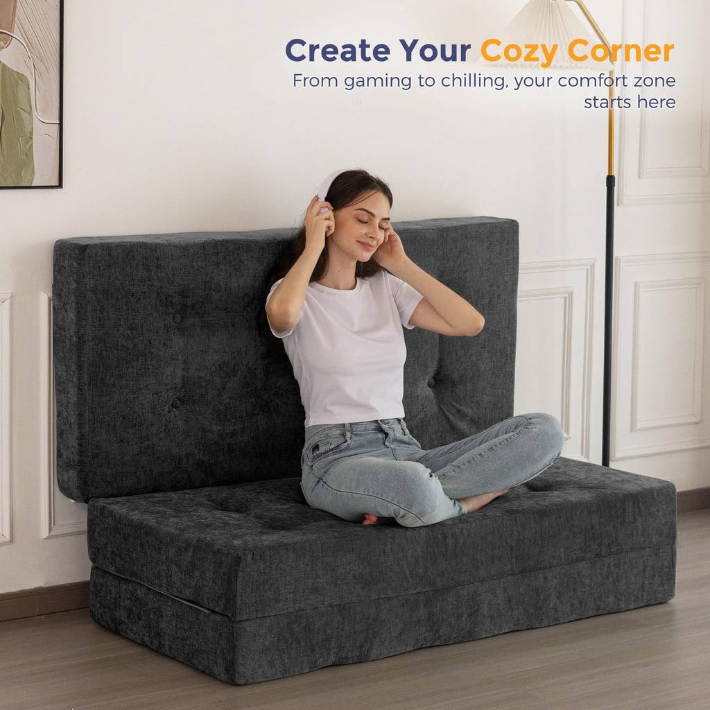 6" Folding Sofa Bed for Floor, Tufted Tri-Fold Floor Mattress