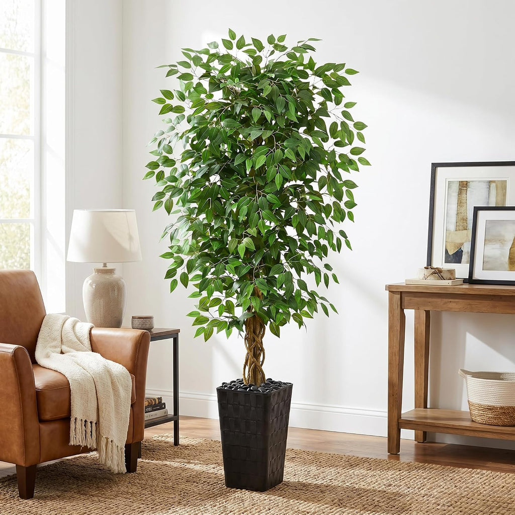 Artificial Ficus Tree 5FT Faux Floor Tree with Planter UV Resistant Potted Fake Silk Plant - Faux Trees Indoor
