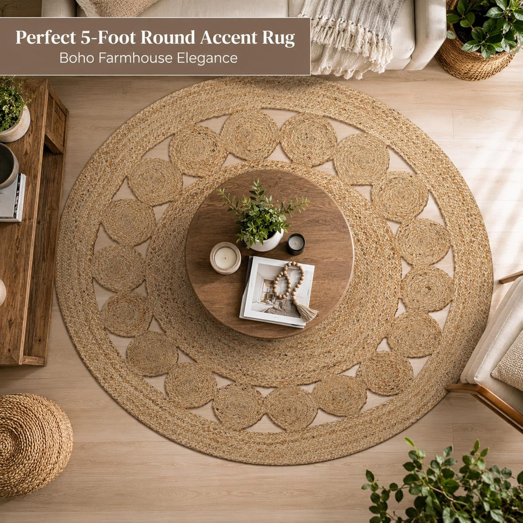 Natural Jute Round Area Rug, Handwoven Braided Boho Jute Rug with Dotted Design, Eco Friendly Farmhouse Living Room