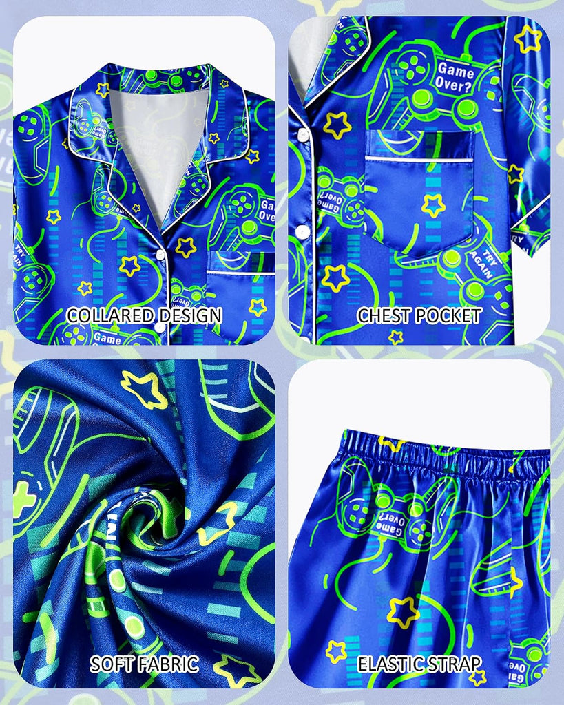 Boys Pajamas Boys Satin Pajamas Set Summer Short Sleeve Button-Down & Shorts Pjs Kids Boy Silky Pajama