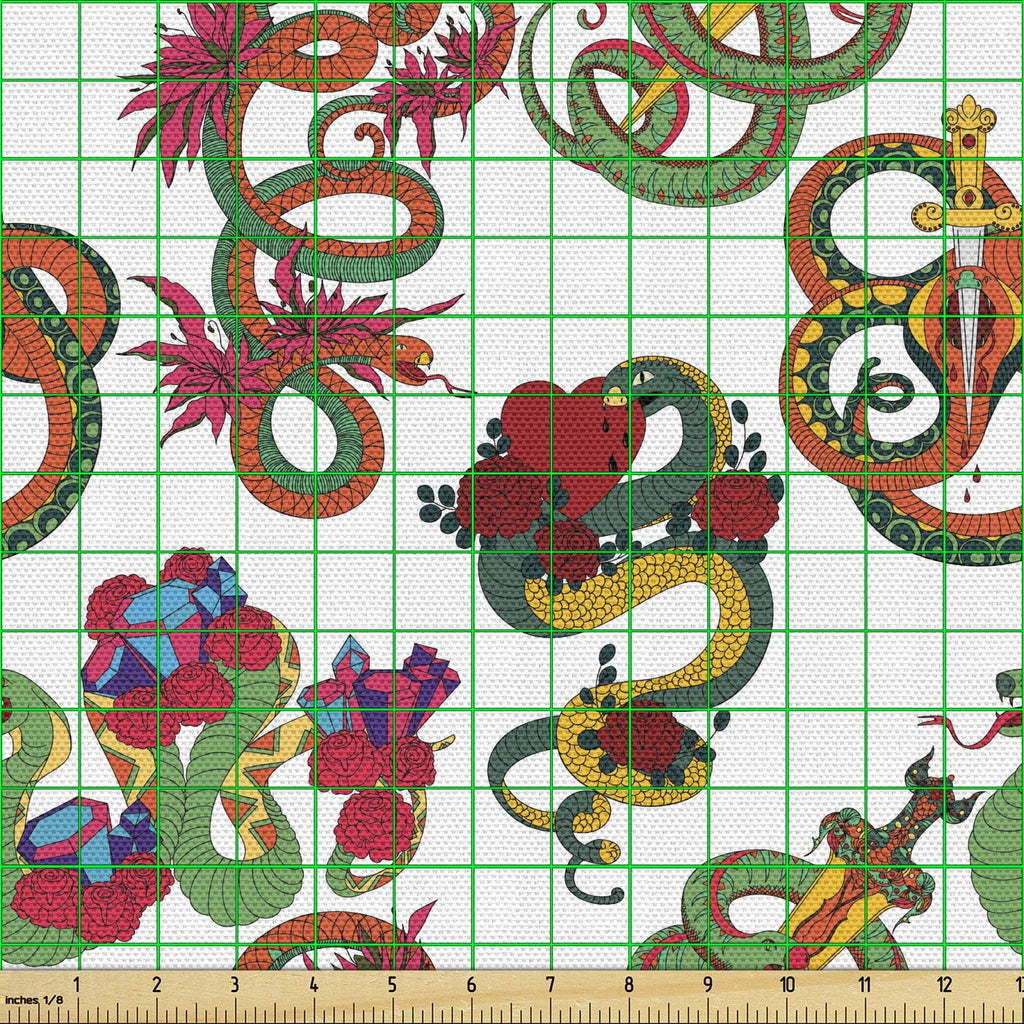 Dragon Fabric by The Yard, Colorful Traditional Reptiles Flowers and Historic Items Japanese Ornaments Pattern
