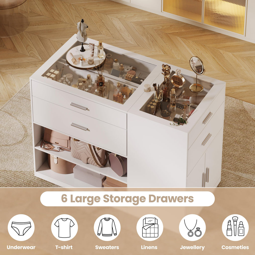 Bedroom Closet Island with 6 Drawers, Armoire Wardrobe Island, White