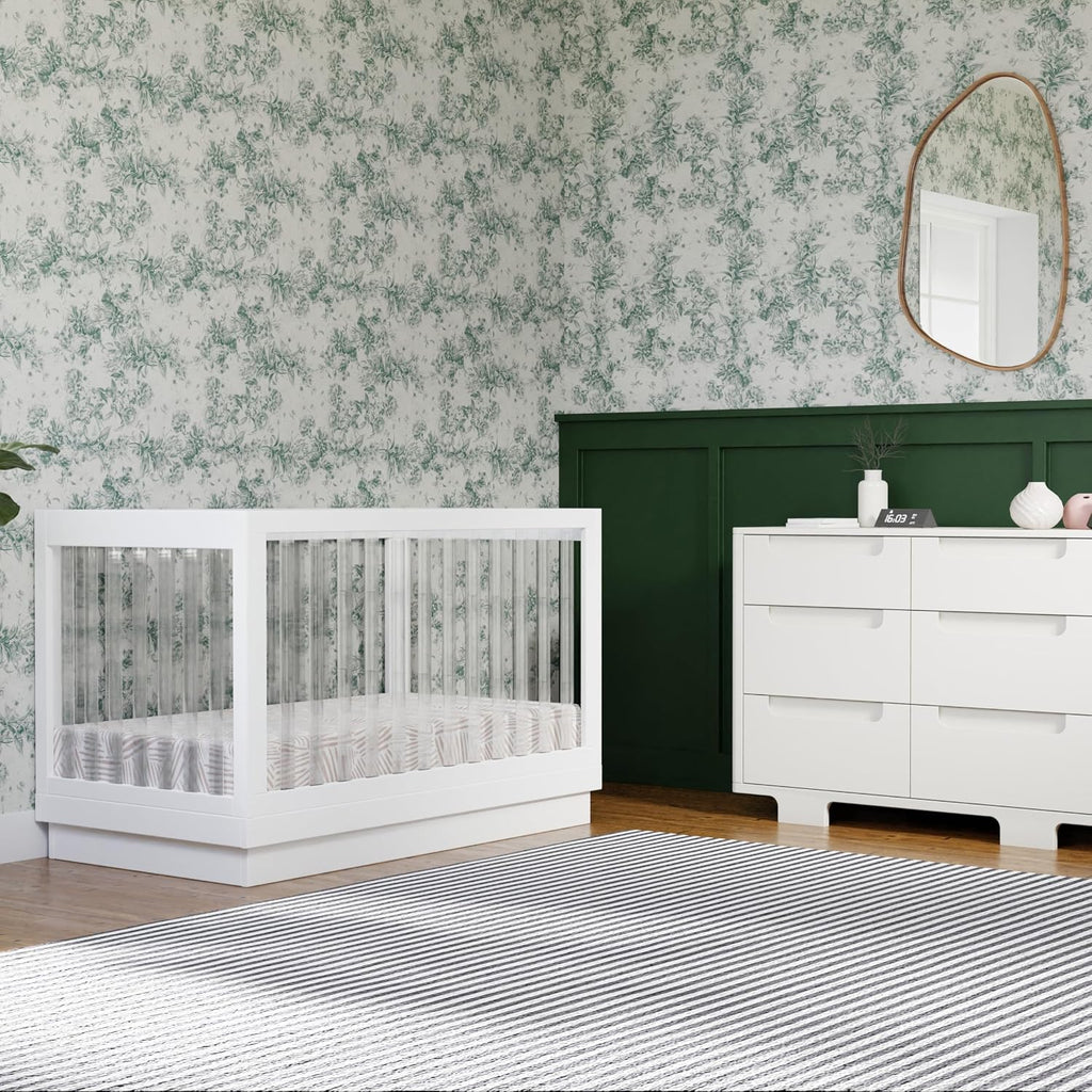 Harlow Acrylic 3-in-1 Convertible Crib with Toddler Bed Conversion Kit in White with Acrylic Slats, Greenguard Gold