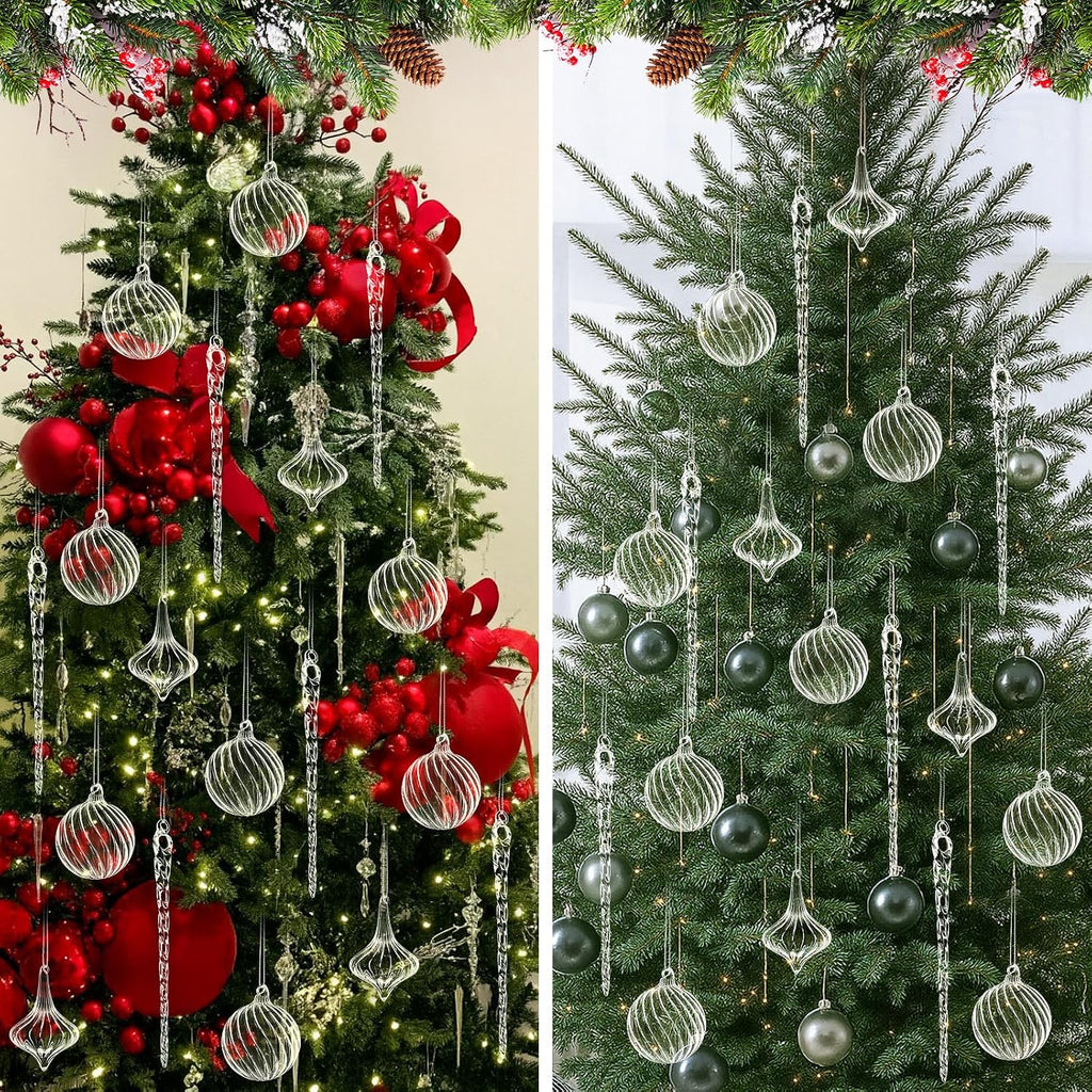 Clear Christmas Glass Ornaments Ball Icicle Drop Ornaments - Set of 18