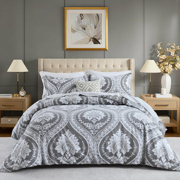 Damask Duvet Cover Set, Gray White, 100% Cotton, 90"x90"