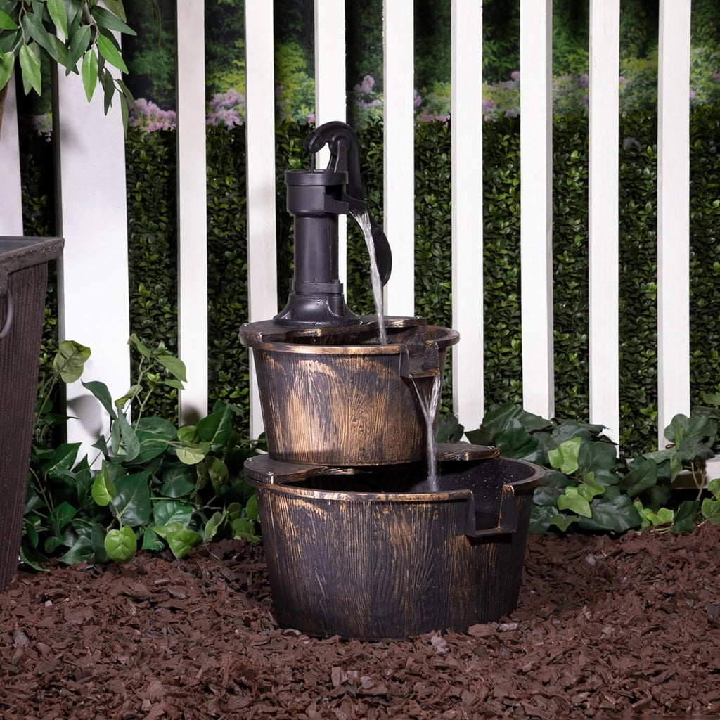 27" Tall Rustic Outdoor 2-Tier Barrel Pump Water Fountain with Soothing Cascading Water Flow, Landscape, Bronze