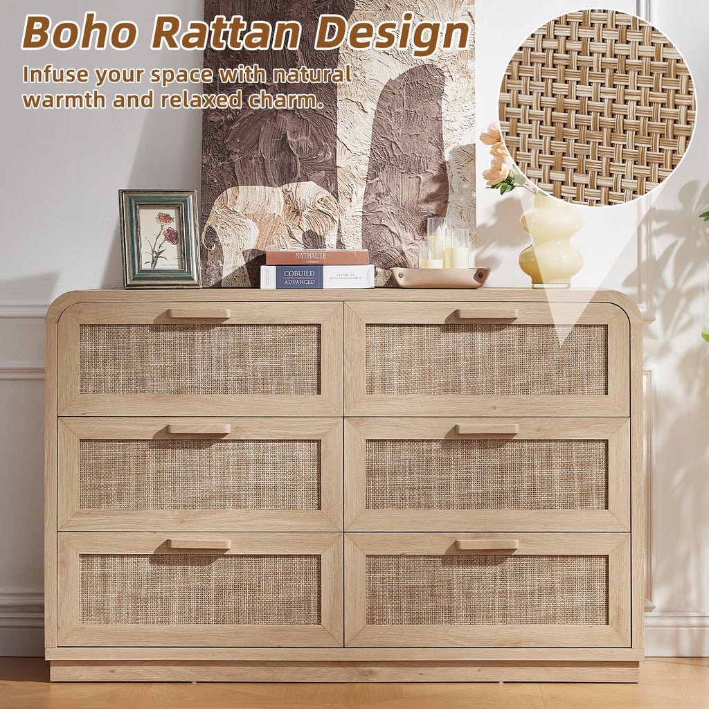 Rattan 6 Drawer Dresser, Natural Wood