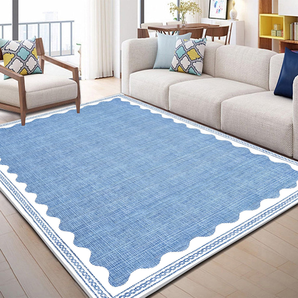 Scalloped Rug Solid Blue Washable Non-Slip Rug Modern Aesthetic Rugs Kitchen Dining Indoor Entry Entrance Floor