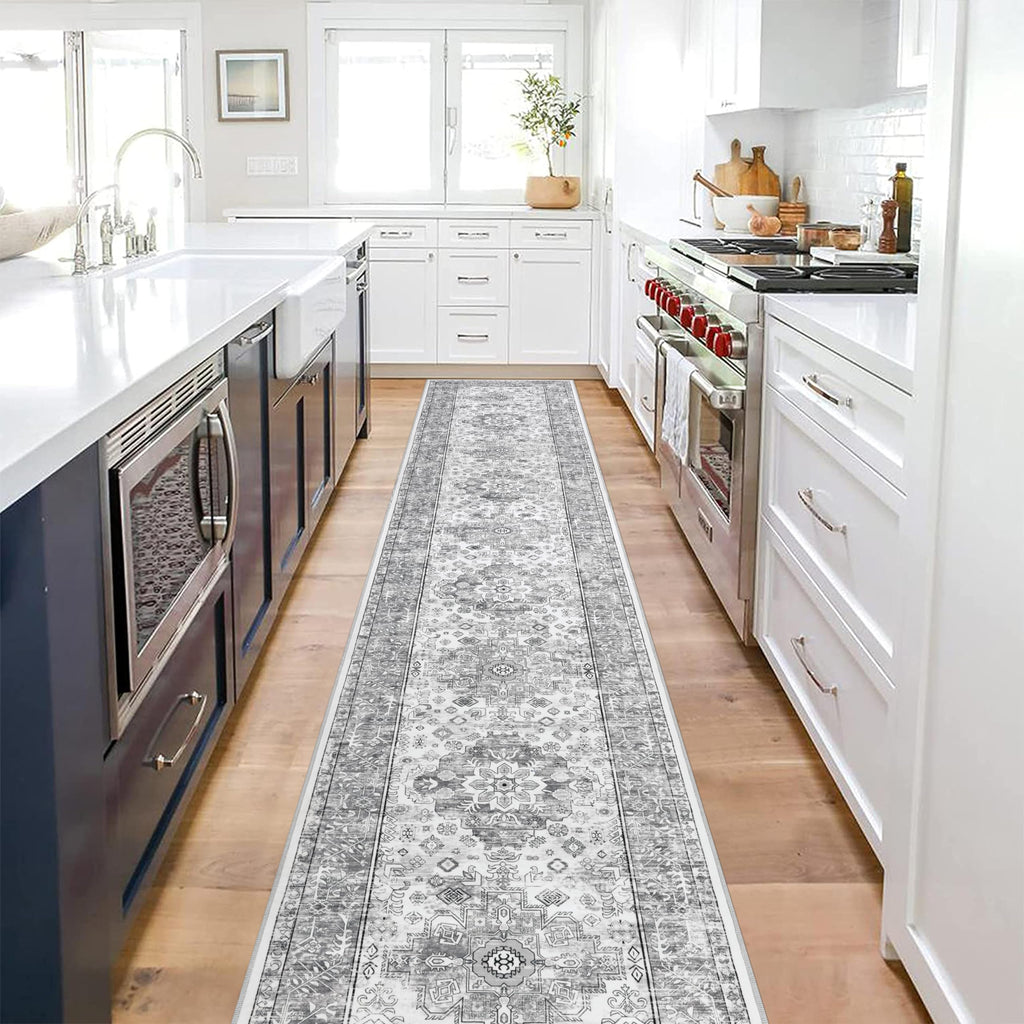Hallway Runner Rug 2'6'' x 14', Washable Kitchen Runner, Vintage Grey