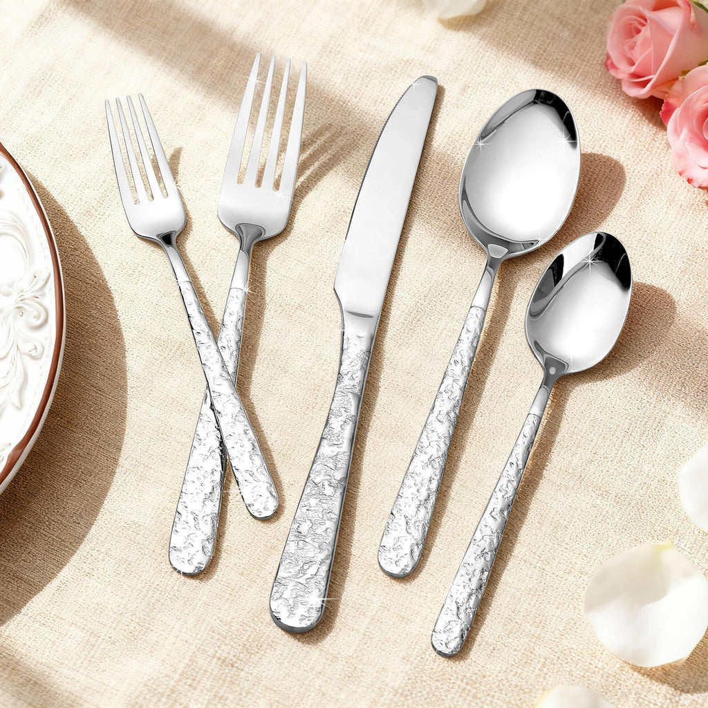 Hammered Silverware Set for 4, Stainless Steel Flatware Set with Dinner Forks, Spoons and Knives, Dishwasher